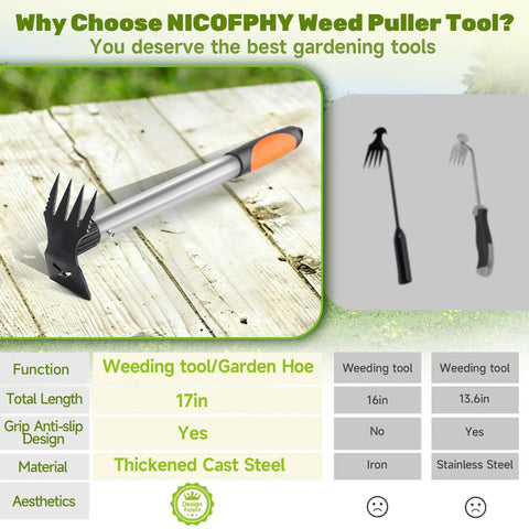 Two Pack 2 In One Weed Puller Tool Set 17 Inch Manual Weeding Rake And Garden Hoe with thickened cast steel head on wood surface
