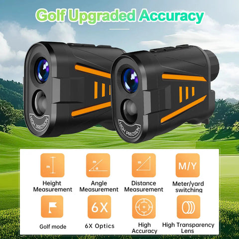 Game Changer Golf Rangefinder With Slope Compensation, 1800 Yard Laser, dual lens, 6x magnification on golf course background.