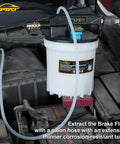 Pro Grade 24 Piece Brake Bleeder Kit With Vacuum Brake Fluid Extractor 2 Liter Capacity connected to car engine bay