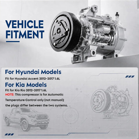 Top Tier AC Compressor With Clutch for 2012 Through 2017 Hyundai Accent Kia Rio 1.6 Liter Motor showing vehicle fitment details.