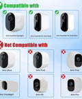 Compatibility chart showing Arlo cameras compatible and not compatible with 6W Solar Panel For Arlo Cameras Compatible With Arlo Essential 2K 2Nd Gen Essential XL And Spotlight Cameras USB C To Micro USB Plug IP66 Waterproof Nine Point Eight Foot Cable Year Round Use.