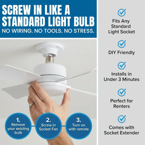 Hand installing Socket Breeze 15.4-Inch Socket Fan Light with Remote in ceiling socket, shows easy installation steps.