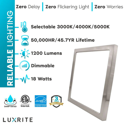 9 Inch Square LED Flush Mount Ceiling Light, Dimmable 18W, 1200 Lumens, Brushed Nickel Trim, Three Color Temperatures 3000K 4000K 5000K