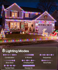 House decorated with multicolored Christmas lights showing 8 lighting modes, featuring reindeer and sleigh ornaments.