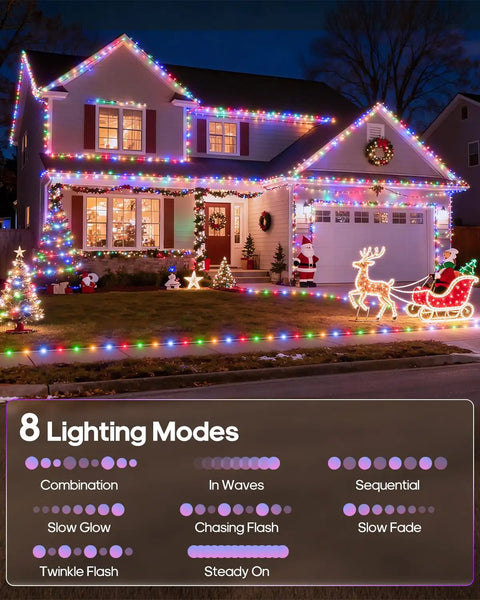 House decorated with multicolored Christmas lights showing 8 lighting modes, featuring reindeer and sleigh ornaments.