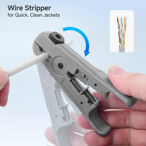 Using wire stripper from 7-In-1 Pro Grade Network Tool Kit for Fast DIYer Ethernet Builds Including Crimping Tool, Punch Down Tools