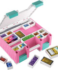 Castle All In One Double Sided Card And Accessory Storage Case with 19 trays open, pink with teal accents, filled with gaming items