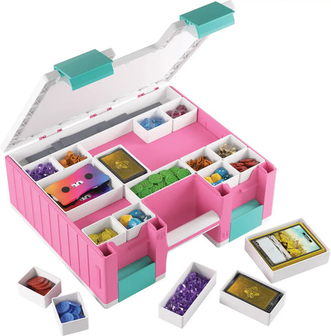 Castle All In One Double Sided Card And Accessory Storage Case with 19 trays open, pink with teal accents, filled with gaming items