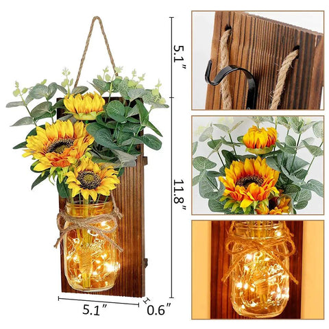Set Of Two Sunflower Mason Jar Wall Sconces With Remote Control, Farmhouse Wall Decor showing measurements and LED lights