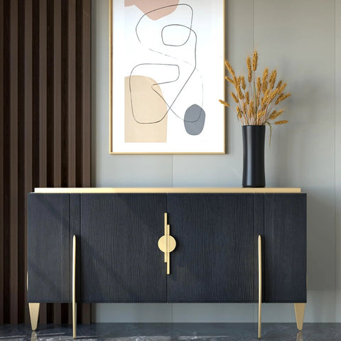Stylish black cabinet with abstract art and wheat arrangement