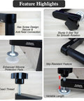 Two Pack Three Quarter Inch Bench Dog Clamps For Woodworking Anti Twist Design With Silicone Pads 19mm Workbench Compatibility Aluminum Build Delivers Strong Scratch-Free Secure Hold For Craftsmen And DIYers, shown in feature closeups