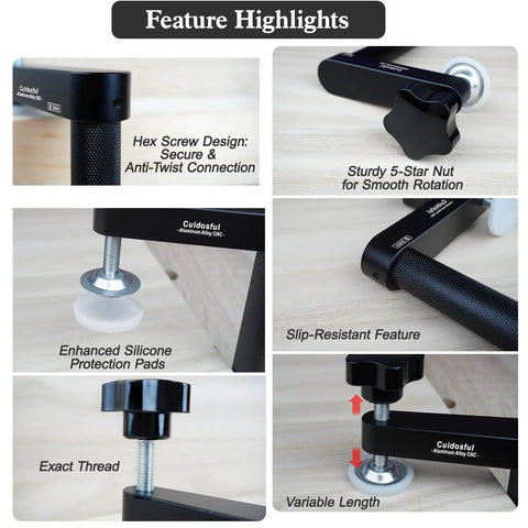 Two Pack Three Quarter Inch Bench Dog Clamps For Woodworking Anti Twist Design With Silicone Pads 19mm Workbench Compatibility Aluminum Build Delivers Strong Scratch-Free Secure Hold For Craftsmen And DIYers, shown in feature closeups