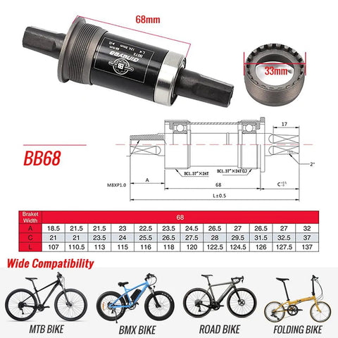 Diagram and features of a durable square taper bicycle bottom bracket 68mm shell fits 103-127.5mm with BB UN26 and steel bearings.