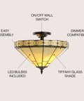 Cream And Black 16 Inch 2 Light Glass Or? And Metal Tiffany Style Mosaic Shade Semi Flush Mount Ceiling Light Fixture UL Listed With LED Bulbs
