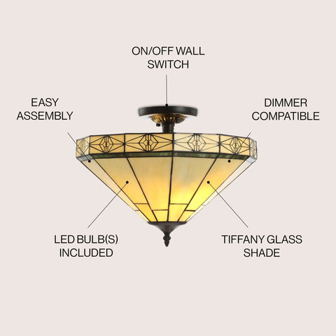 Cream And Black 16 Inch 2 Light Glass Or? And Metal Tiffany Style Mosaic Shade Semi Flush Mount Ceiling Light Fixture UL Listed With LED Bulbs