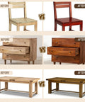 Before and after furniture transformations using Top Tier Premium Dark Oak Water Base Wood Stain For Furniture Cabinets And Doors.