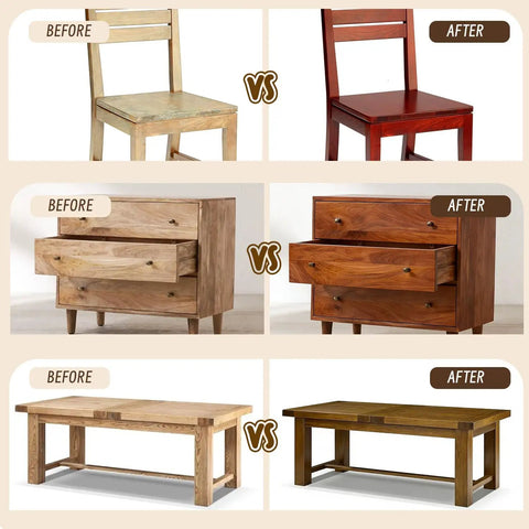 Before and after furniture transformations using Top Tier Premium Dark Oak Water Base Wood Stain For Furniture Cabinets And Doors.