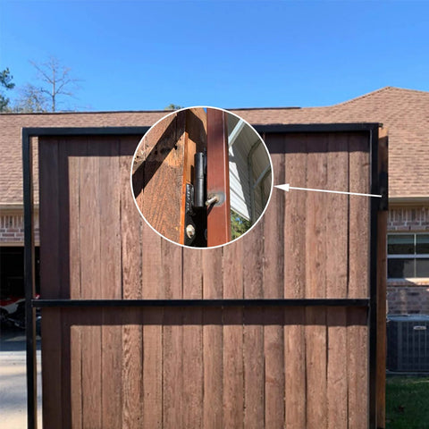 Front view of a wooden gate with a two-pack black 7-inch steel barrel hinge; weld-on, 900 lb capacity; inset close-up of hinge mounting.