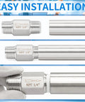 ChillWaves 304 stainless steel inline check valve, 1/4 in NPT male, siamese one-way valve; front/side views (1-pack)