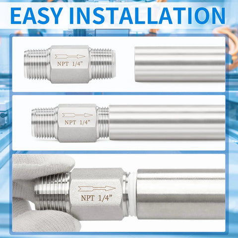 ChillWaves 304 stainless steel inline check valve, 1/4 in NPT male, siamese one-way valve; front/side views (1-pack)