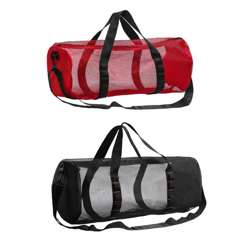 Red and black Large Capacity Mesh Gear Duffel Bag For Diving And Snorkeling Equipment with handles and mesh design