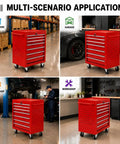 Hella Solid Rolling Tool Chest With Seven Ball Bearing Drawers That Glide Like Butter Plus Lockable Heavy Duty Steel Frame Designed For Garage Auto Shop Or Warehouse Storage In Red displayed in multiple settings.