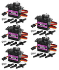 Image of Five Pack 9g Micro Servo Motors With Metal Gears for DIY Smart Robots and RC Toys, including wiring and accessories.