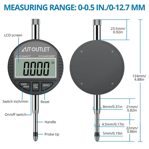 Digital Dial Bore Gauge Set 50-160mm (2-6 In) With 0.01mm Resolution, 12 Anvils, measurement tool showing LCD display