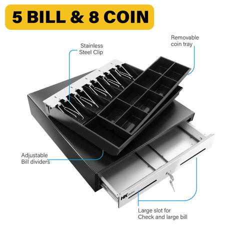 Heavy Duty 18 Inch POS Cash Drawer With Stainless Front And Ball Bearing Slides, Holds 5 Bills And 8 Coins, Removable Coin Tray