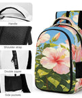 Blue Sky Hibiscus Print Backpack for Everyday Use Unisex Large Capacity Daypack Durable Polyester Travel School Bag With Smooth Zippers Easy Clean Design, showing floral print and zippers.