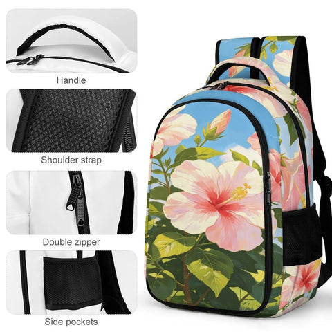 Blue Sky Hibiscus Print Backpack for Everyday Use Unisex Large Capacity Daypack Durable Polyester Travel School Bag With Smooth Zippers Easy Clean Design, showing floral print and zippers.
