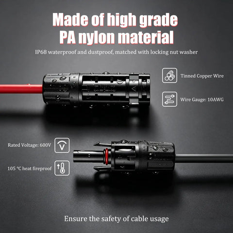 Close-up of Solar Cable Entry Gland With 10ft 10AWG Extension Cable And MC-4 Connectors, IP68 weatherproof, PA nylon material