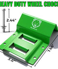 Heavy Duty Wheel Chock for Trailers, green metal piece dimensions shown, E-Track Ready, 4-Pack, fits ATVs, UTVs, SUVs, Mowers, Tractors