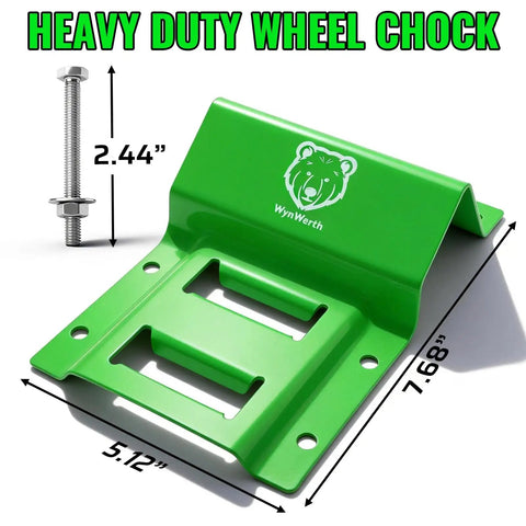 Heavy Duty Wheel Chock for Trailers, green metal piece dimensions shown, E-Track Ready, 4-Pack, fits ATVs, UTVs, SUVs, Mowers, Tractors