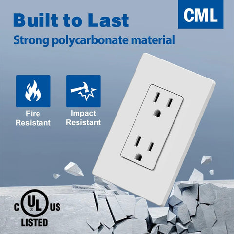 15 Amp Decorator Receptacle Outlet 20 Pack With Screwless Wall Plate Non Tamper Resistant 125V UL Listed Standard Electrical Outlet shown with fire and impact resistance.