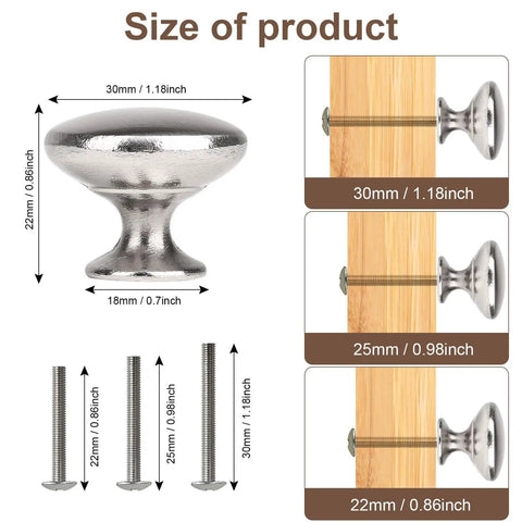 Slick Satin Brushed Nickel Round Mushroom Cabinet Knobs Set 30mm Drawer Pull Handles For Kitchen Cupboards Wardrobe Dressers Doors Bathroom Furniture Hardware, showing size measurements and screws