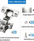 Soft Close No Slam Cabinet Hinges Pack Of 20 For One Half Inch Overlay Cabinets shown with repair plates and screws