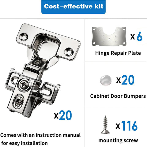 Soft Close No Slam Cabinet Hinges Pack Of 20 For One Half Inch Overlay Cabinets shown with repair plates and screws