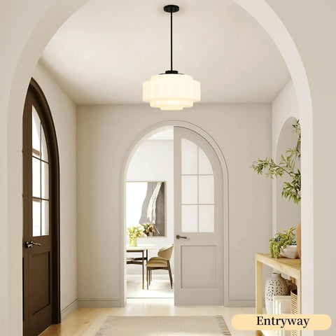 puncoll Vintage Black Milk Glass Pendant Light, 15.7'' White Chandelier hanging in an entryway illuminating the space.