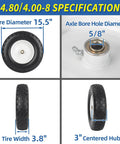 Flat Free 16 Inch Wheelbarrow Tire And Wheel Set Size 4.80 4.00 8 Solid Tire With 3 Inch Centered Hub And Five Eighth Inch Axle Bore Specs Diagram