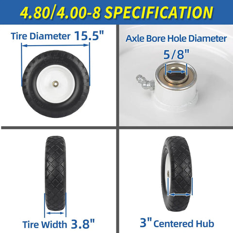 Hella Tough Flat Free Solid Wheelbarrow Tire And Wheel Combo 4.80/4.00-8 Inch specifications including diameter and axle details.