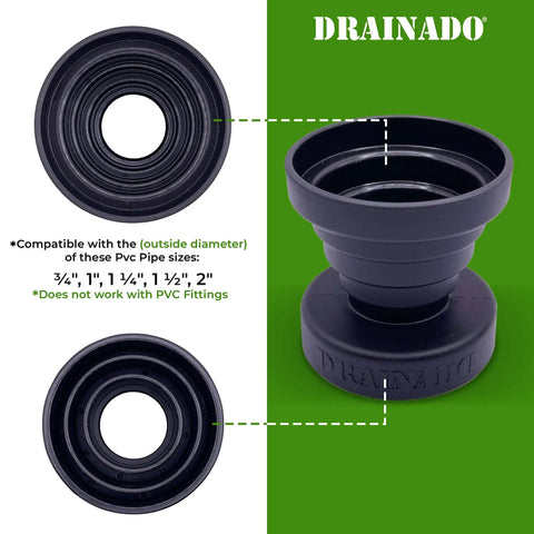 Top and side views of Universal Vacuum Hose To PVC Pipe Adapter For Easy AC Drain Line Unclogging No More Hack Jobs Fits PVC shown.