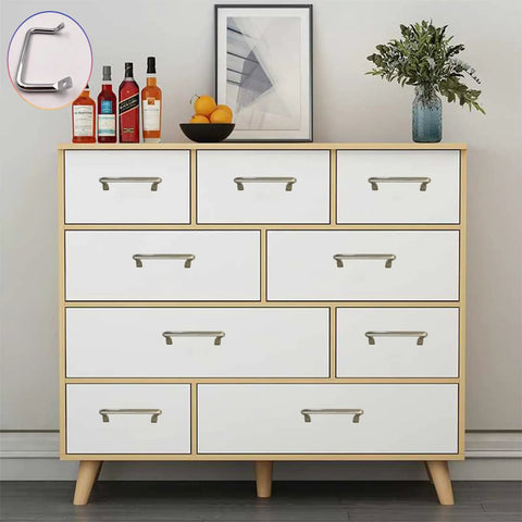 Straight Ahead Stainless Steel Tray Handles Set Of 4 With Comfy Angled Grip and Clean Silver Look on a modern dresser.