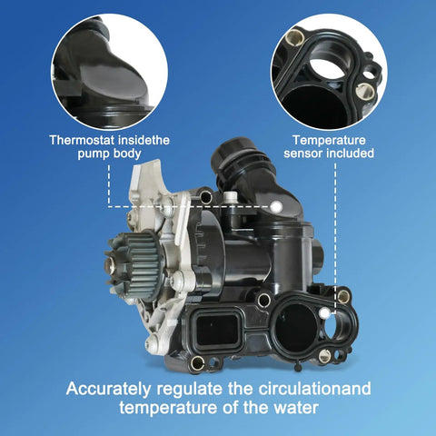 Complete Top Notch Thermostat And Water Pump Housing Assembly Compatible With Audi A3 A4 A5 A6 Q3 Q5 TT Allroad Passat Jetta Golf GTI CC Beetle OEM Replacement High Quality Ready To Install with detailed view of thermostat and sensor