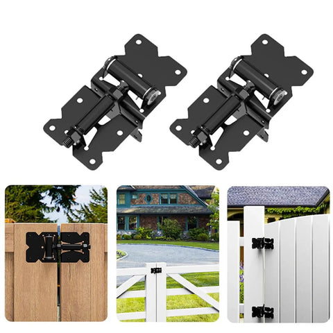 Two Pack Self Closing Gate Hinges For Wooden Fences Built To Last Heavy Duty Stainless Steel Gate Closer Hinges With Screws Durable Fence Hardware For Smooth Automatic Closing And Secure Outdoor Gate Performance. black steel self-closing gate hinges for wooden fences with screws