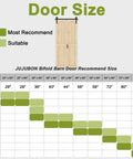 Door size chart for Space Saving 40 Inch By 84 Inch Unfinished Pine Bi Fold Barn Door with K Shape Bifold Design