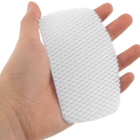 10Pk Self Adhesive Sneaker Heel Repair Patches Snug Fit Breathable Mesh Liner displayed in hand, showcasing flexible white mesh material.