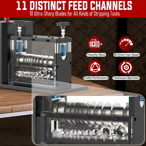 Heavy Duty Automatic Electric Wire Stripper Machine With 700W Motor And 11 Channels view showing distinct feed channels and sharp blades.