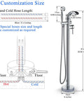Diagram of freestanding bathtub faucet with hand shower set showing dimensions and hot/cold water lines installation.