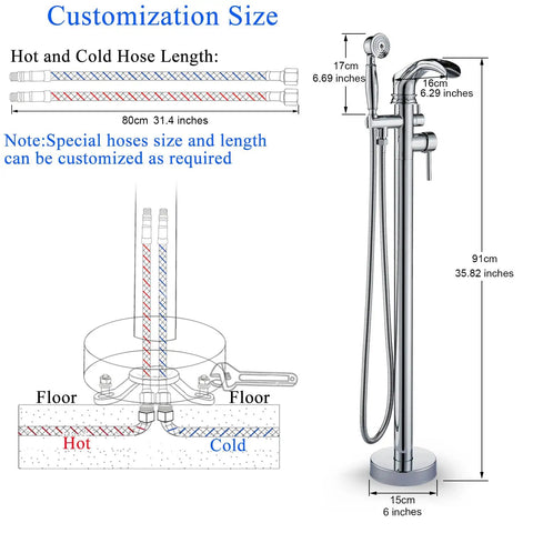 Diagram of freestanding bathtub faucet with hand shower set showing dimensions and hot/cold water lines installation.